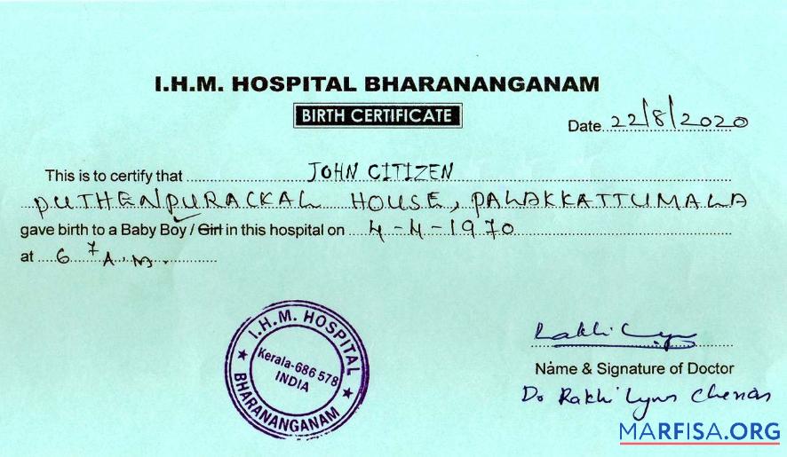 Printable India I.H.M. Bharananganam hospital birth certificate sample